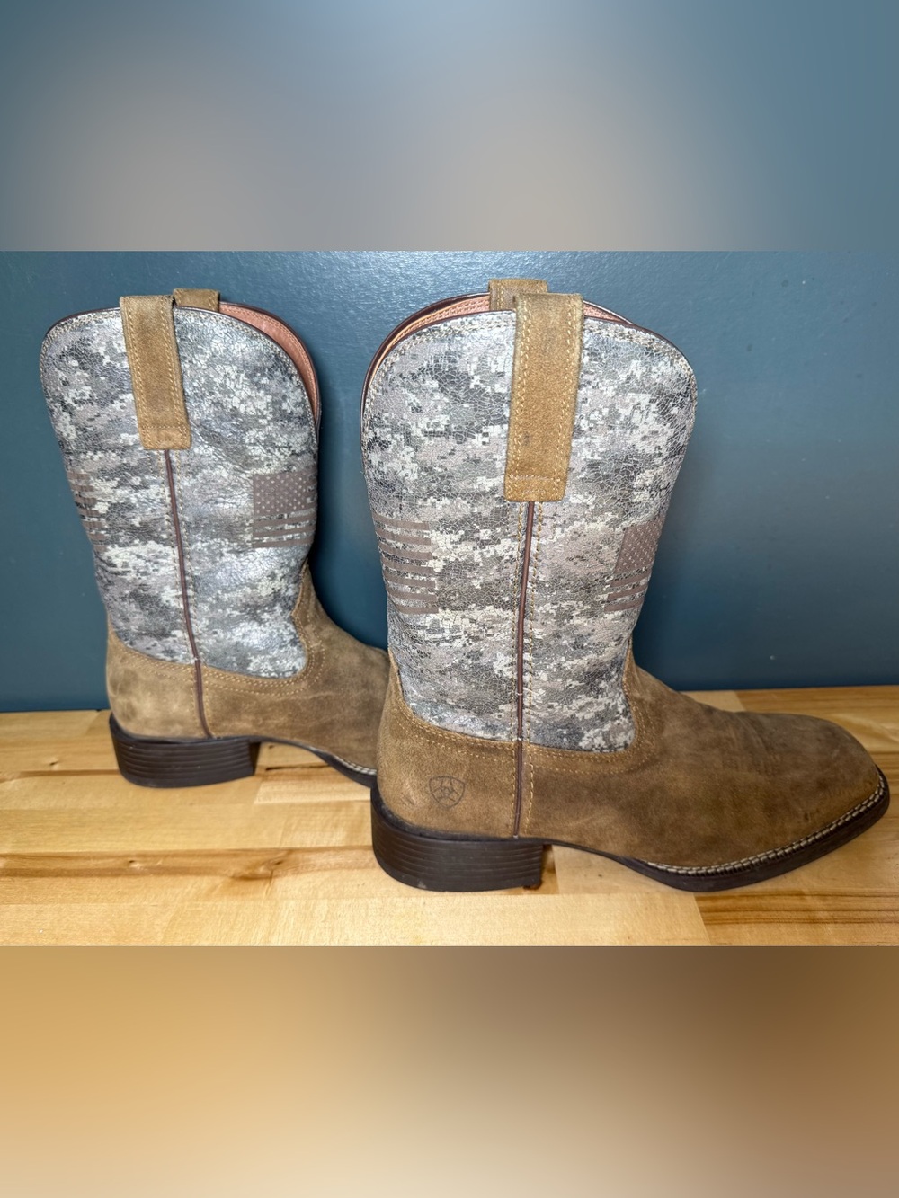Ariat Brown Suede Cowboy Boots with Gray Camo Shaft